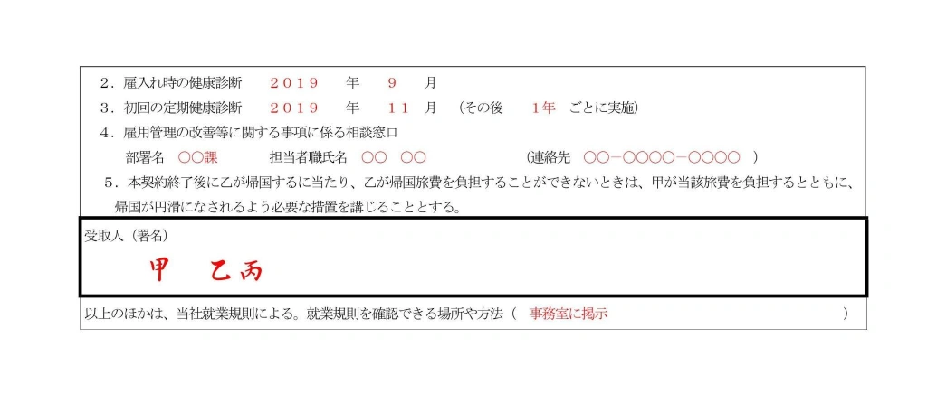 雇用条件書の記入例